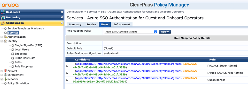 ClearPass SSO with Azure AD - ClearPass Service for Guest and Onboard Operators Roles Tab